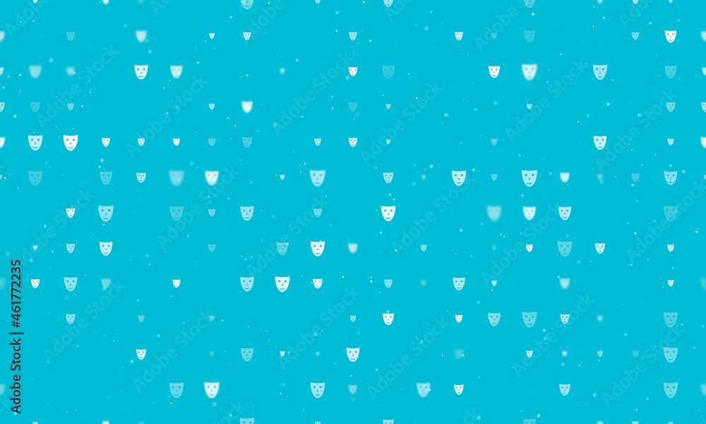 Poster seamless background pattern of evenly spaced white theatrical masks of different sizes and opacity. 