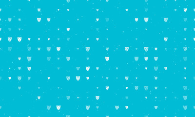 Naklejka na ściany i meble Seamless background pattern of evenly spaced white theatrical masks of different sizes and opacity. Vector illustration on cyan background with stars
