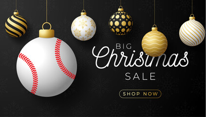 baseball Christmas card. Merry Christmas sport greeting card. Hang on a thread baseball ball as a xmas ball and golden bauble on black horizontal background. Sport Vector illustration.