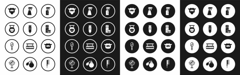 Set Hairdresser pistol spray bottle, Electrical hair clipper or shaver, Barbershop, Mustache and beard, Shaving gel foam, and Hand mirror icon. Vector