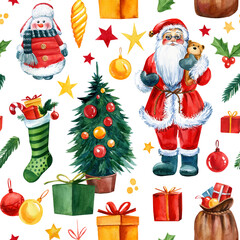 Christmas and Happy New Year seamless pattern with Santa Claus and gifts. Trendy retro style. Watercolor illustration