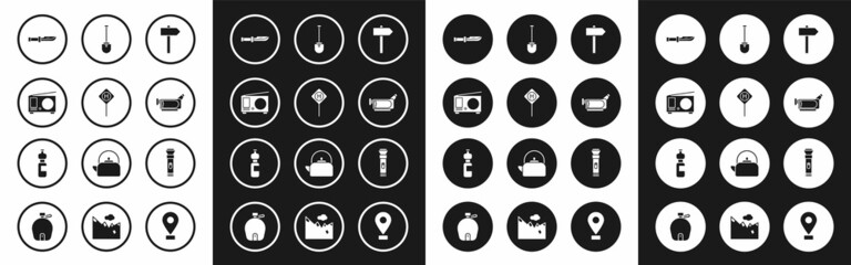 Set Road traffic signpost, Parking, Radio with antenna, Camping knife, Cinema camera, Shovel, Flashlight and Bottle of water icon. Vector