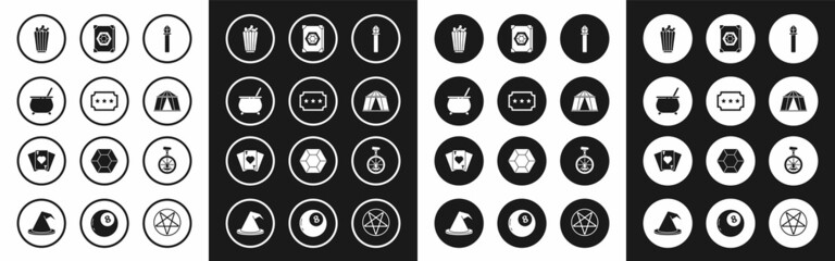 Set Magic staff, Ticket, Witch cauldron, Popcorn in box, Circus tent, Ancient magic book, Unicycle one wheel bicycle and Playing cards icon. Vector