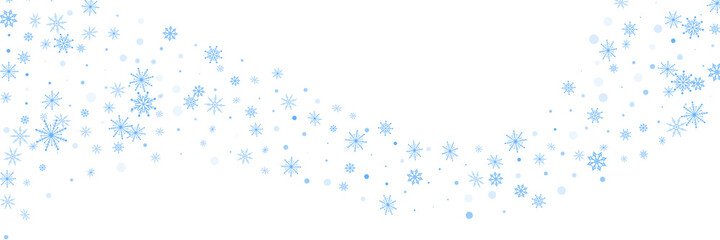 Blue delicate openwork snowflakes scatter on a white background. Festive background, postcard design, wallpaper