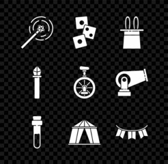 Set Magic wand, Game dice, Magician hat rabbit ears, Bottle with love potion, Circus tent, Carnival garland flags, staff and Unicycle or one wheel bicycle icon. Vector