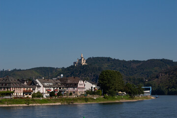 Fototapeta na wymiar Marksburg Castle Castle landscape on the upper middle Rhine River near Braubach, Germany. Also called Burg Marksburg.