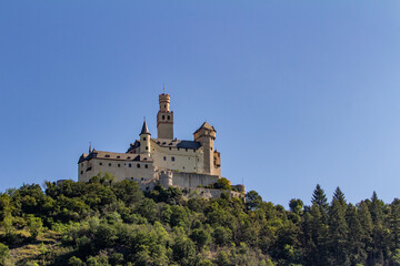 Marksburg Castle Castle landscape on the upper middle Rhine River near Braubach, Germany. Also called Burg Marksburg.