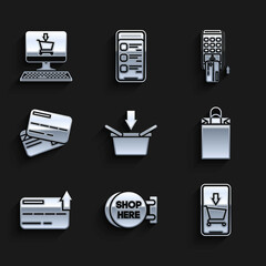 Set Shopping basket, Signboard hanging with an inscription shop here, Mobile phone and shopping cart, Paper bag, Credit card, Pos terminal inserted credit and screen computer icon. Vector