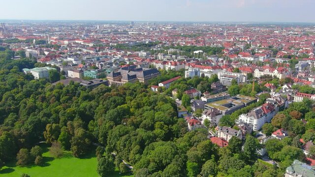 Munich: Aerial view of city in Germany and capital of Bavaria, park English Garden (Englischer Garten) - landscape panorama of Europe from above