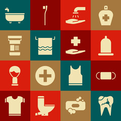 Set Broken tooth, Medical protective mask, Condom, Washing hands with soap, Towel hanger, Medicine bottle, Bathtub and Cross hospital medical icon. Vector