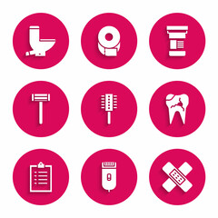 Set Hairbrush, Electrical hair clipper or shaver, Crossed bandage plaster, Broken tooth, Clipboard with checklist, Shaving razor, Medicine bottle and Toilet bowl icon. Vector