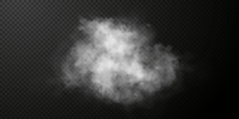 Fototapeta White smoke puff isolated on transparent black background. PNG. Steam explosion special effect. Effective texture of steam, fog, smoke png. Vector illustration	 obraz