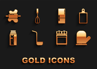 Set Kitchen ladle, Cutting board, Oven glove, Paper package for milk, Refrigerator, Rolling pin on dough and whisk icon. Vector