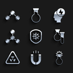 Set Shield protecting from virus, Magnet, Test tube and flask, Triangle with radiation, Molecule, Head electric symbol and icon. Vector