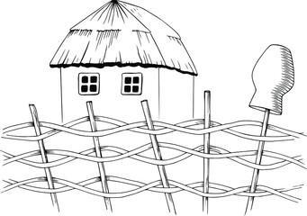 Vector illustration, traditional Ukrainian house, wattle and daub, ceramic pot. Sketch.