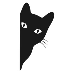 Illustration of a black cat peeking out from the corner on a white background