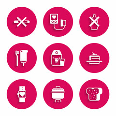 Set Paper package for milk, Cooking pot, Bread toast, Cake, Smart watch, Toothbrush and toothpaste, No alcohol and Smoking icon. Vector
