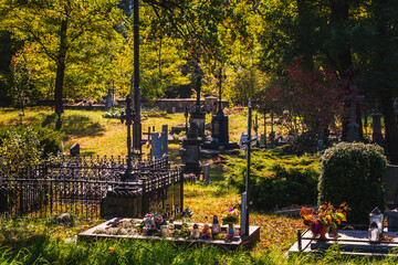 Old Catholic cemetery, located in Poland.  - obrazy, fototapety, plakaty