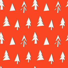 Christmas trees on red background. Seamless pattern. 