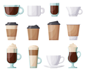 Coffee hot drink cup, ceramic, plastic, paper coffee cups. Hot drinks coffee mugs, cafe, restaurant or take out coffee vector illustration set. Paper and glass coffee cup