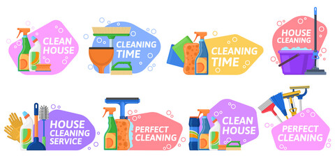 House cleaning services, household equipment emblems. Housekeeping supplies, detergents and cleaning equipment badges vector Illustration set. Cleaning tools labels
