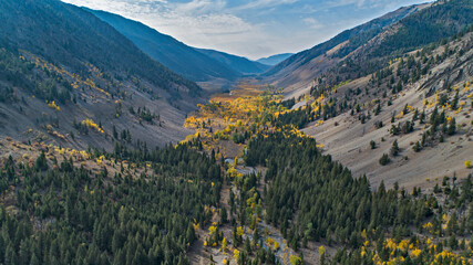 Drone aerial view of a canyon near Sun Valley, Idaho with an aspen grove with fall colors near Sun...