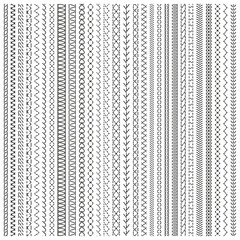 Sewing stitches, machine and hand sewing seam lines. Embroidery stitch border lines, sewing zigzag and wavy stripes vector illustration set. Stitched embroidery seams