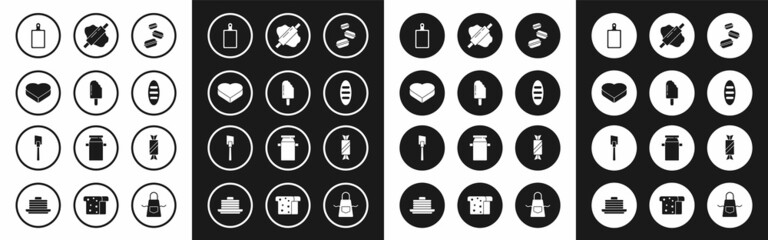 Set Macaron cookie, Ice cream, Candy in heart shaped box, Cutting board, Bread loaf, Rolling pin dough, and Spatula icon. Vector