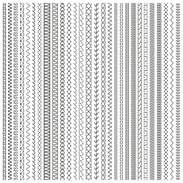 Sewing Stitches, Machine And Hand Sewing Seam Lines. Embroidery Stitch Border Lines, Sewing Zigzag And Wavy Stripes Vector Illustration Set. Stitched Embroidery Seams