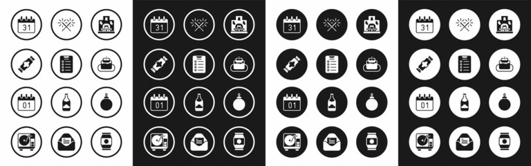 Set Interior fireplace, New year goals list, Candy, Calendar, Cake, Sparkler firework, Christmas ball and icon. Vector