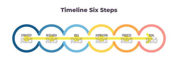 Business process. Timeline infographics with 6 steps, options, sections. Vector template.