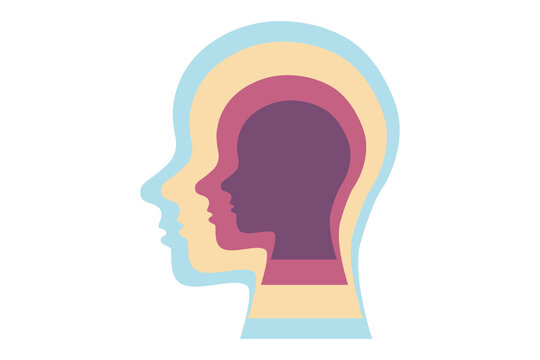 Asperger syndrome (AS), also known as Asperger's, a neurodevelopmental disorder illustration. A human head sillhouetted of different colors in a repetitive pattern.