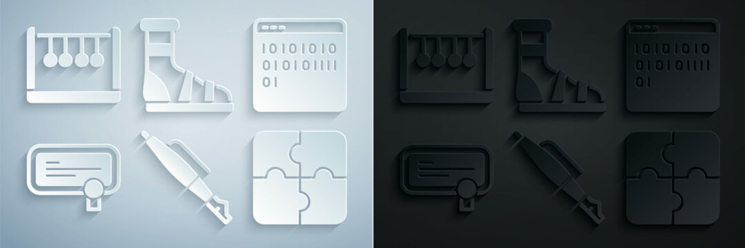 Set Fountain pen nib, Binary code, Certificate template, Piece of puzzle, Slippers with socks and Pendulum icon. Vector