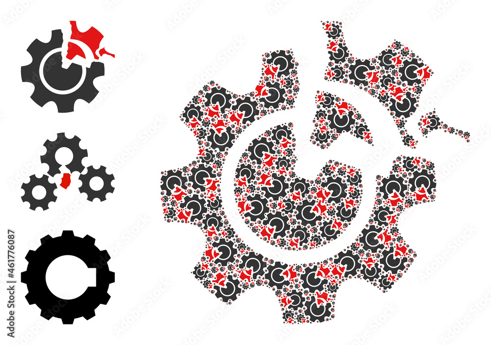 Aufkleber Itself recursive mosaic gear damage. Vector gear damage mosaic is formed of repeating recursive gear damage icons. Abstract design.
