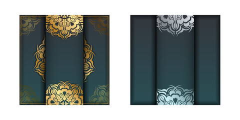 Green gradient flyer with gold mandala pattern prepared for print.