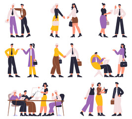 Fototapeta na wymiar Business people negotiating, discussing, professional communication, brainstorming. Office workers business meeting or conference vector illustration set. Formal negotiation