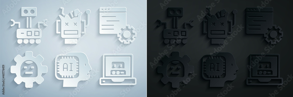 Poster set humanoid robot, computer api interface, robot, creating, broken and icon. vector