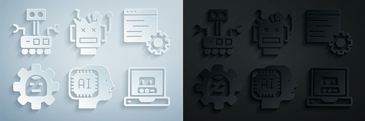 Set Humanoid robot, Computer api interface, Robot, Creating, Broken and icon. Vector