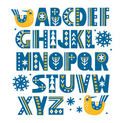 Hand drawn latin alphabet in Scandinavian style with ornate letters. Make your own Christmas typography. Isolated objects on white background. Vector illustration.