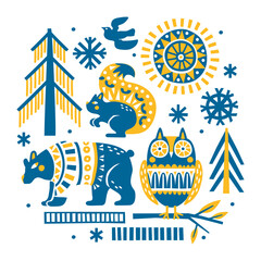 Christmas illustration with cute woodland animals, birds, woods and snowflakes isolated on white background.