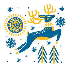 A Christmas design with reindeer, trees and snowflakes. Vector Christmas greeting card. For Christmas decoration, posters, banners, sales
