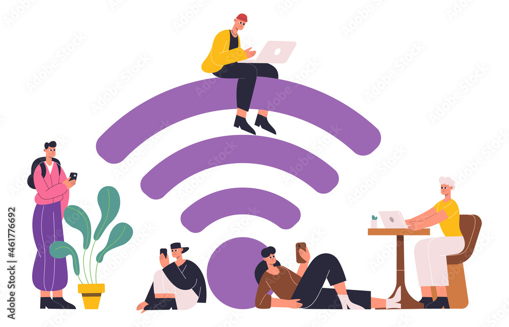 Poster people using mobile internet, free wifi zone concept. free internet hotspot zone with wifi sign, wif