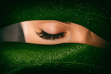 Beautiful woman with long eyelashes, beautiful make-up and thick eyebrows. Professional makeup and...