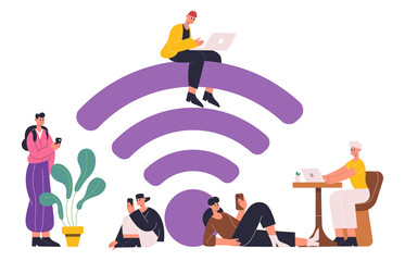People using mobile internet, free wifi zone concept. Free internet hotspot zone with wifi sign, wifi public access area vector illustration. Characters using free internet - obrazy, fototapety, plakaty