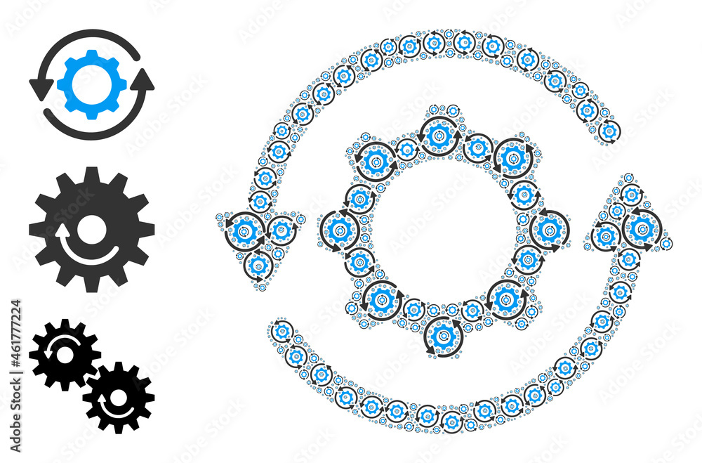 Poster itself recursive collage gear rotation. vector gear rotation collage is formed of random recursive g