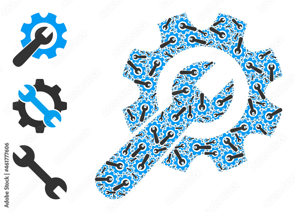 Poster itself fractal mosaic wrench with gear. vector wrench with gear fractal is composed with randomized 