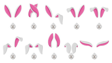 Cartoon rabbit ears, cute bunny ears selfie or video chat masks. Rabbit ears and noses selfie filters or mobile photo editor vector illustration set. Bunny video chat masks