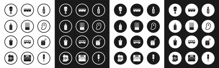 Set Hotdog sandwich, Chocolate bar, Sauce bottle, Chicken leg, Steak meat, Sushi, Asian noodles chopsticks and Paper glass with straw icon. Vector