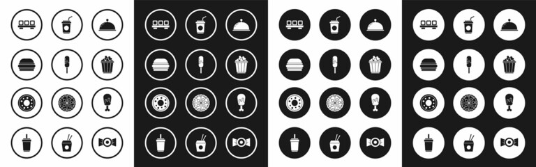 Set Covered with tray, Ice cream, Burger, Sushi on cutting board, Popcorn box, Paper glass straw, Chicken leg and Donut icon. Vector