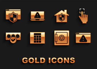 Set Password protection, Fingerprint, Browser with exclamation mark, Safe, House under, shield and Laptop icon. Vector